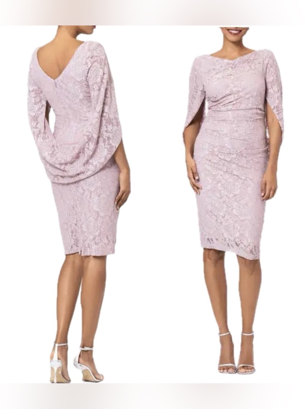 Betsy & Adam Lace Drape Back Cocktail Dress Sz 22W Rose Pink Cape Sleeve MOB NWT